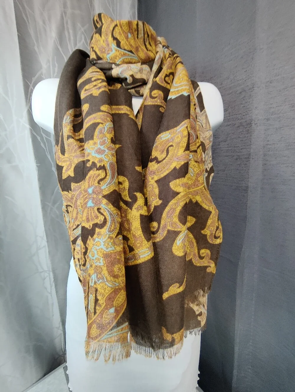 Naturally Knotty Oversized Scarf Wrap Brown Gold 36x70 Lightweight Earthtones
